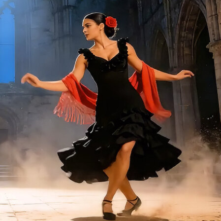 Gitarrist mit Flamenco-Gitarre vor warmer Lichtstimmung